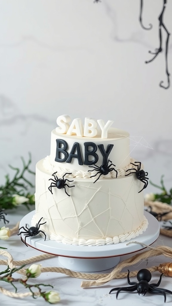 A spooky themed cake decorated with spiders and spiderwebs for a baby shower.