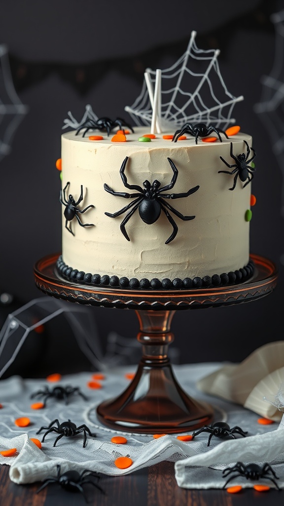 A Halloween-themed cake decorated with plastic spiders and orange candies on a cake stand.