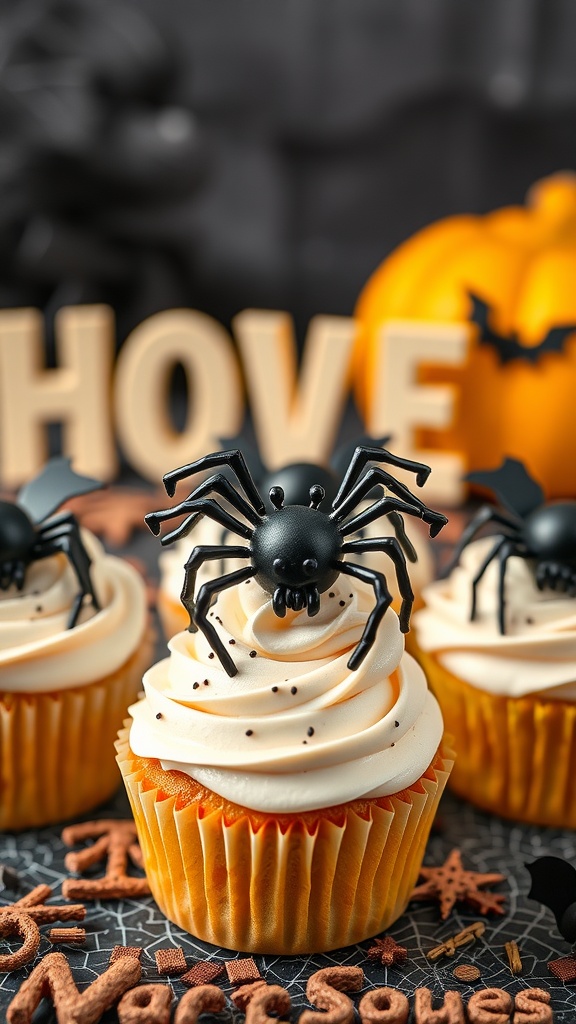 Cupcakes decorated with black spider toppers for a Halloween baby shower.