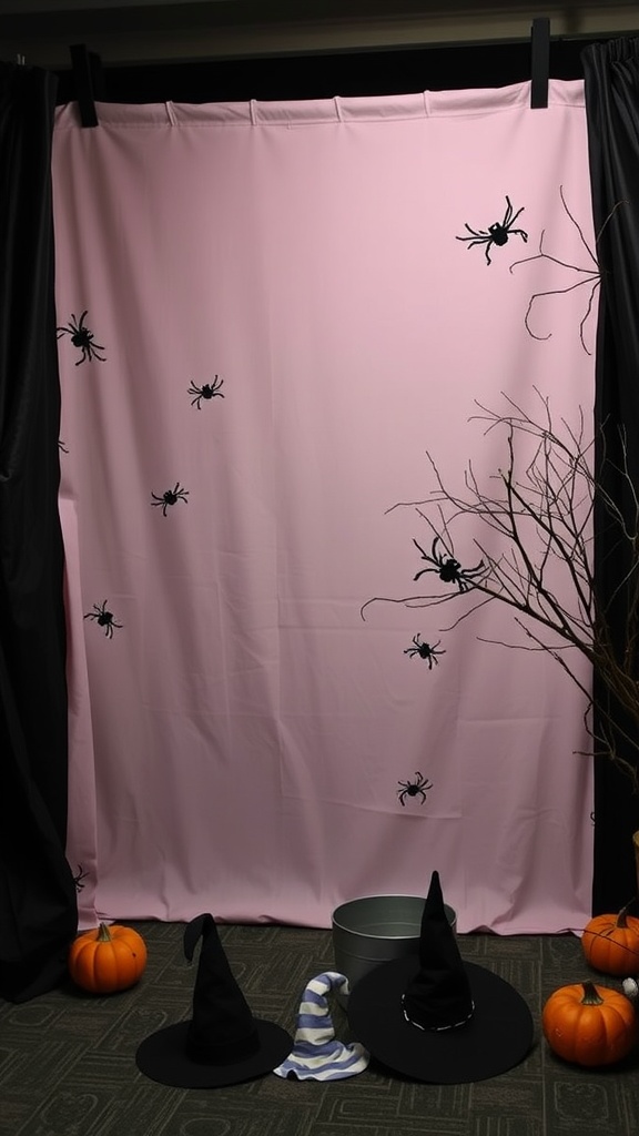 A creepy crawly photo booth with a pink backdrop featuring black spiders, witch hats, pumpkins, and a branch.