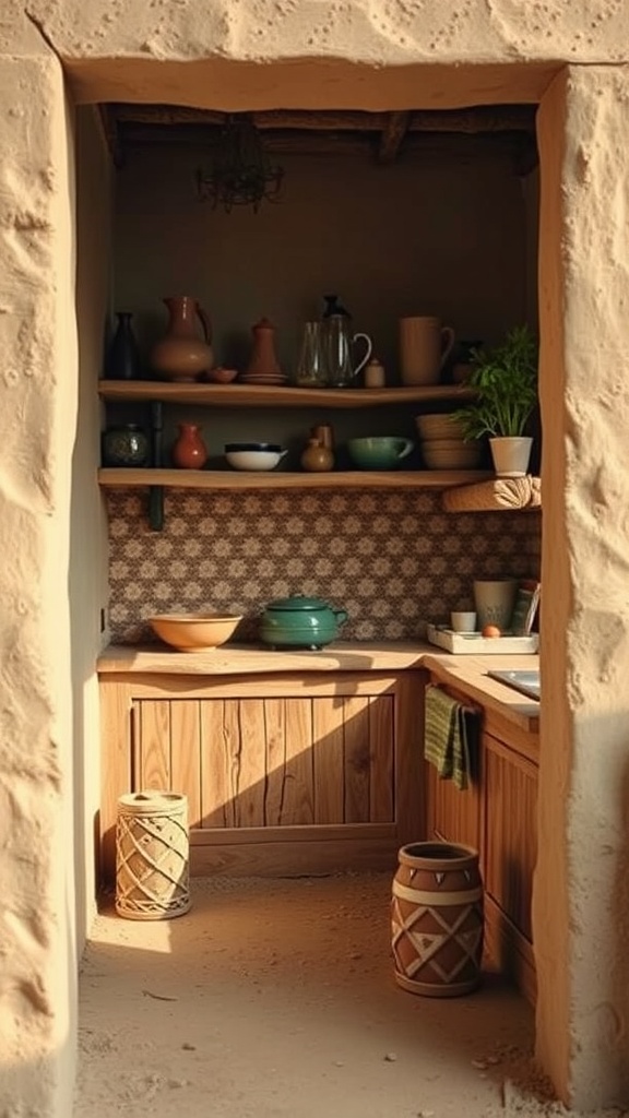 A rustic mud kitchen with wooden shelves, pots, and playful decor, inviting children to create and explore.