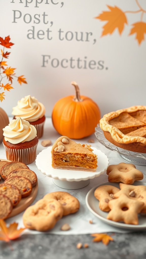 An array of autumn-inspired treats including pumpkin pie, cupcakes, and cookies on a table with autumn leaves.