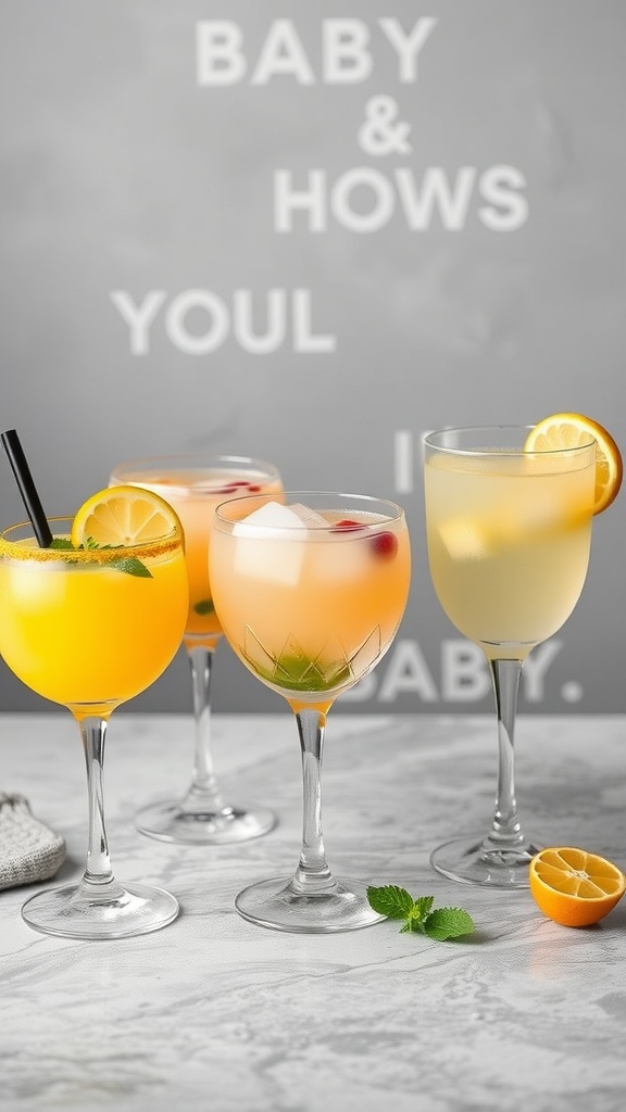A selection of colorful mocktails in elegant glassware, garnished with fruit and herbs, with a backdrop featuring baby shower text.