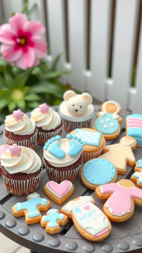 A display of baby-themed cupcakes and cookies with pastel colors and cute decorations.