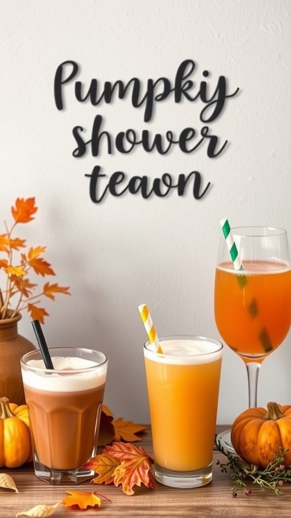 Three beverages for a baby shower: a pumpkin latte, an orange drink, and a sparkling cider, with autumn decorations.