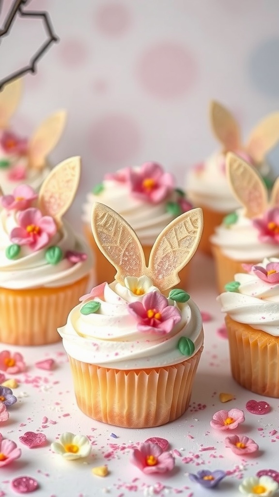 Colorful cupcakes with flower decorations and bunny ears for a fairy-themed baby shower