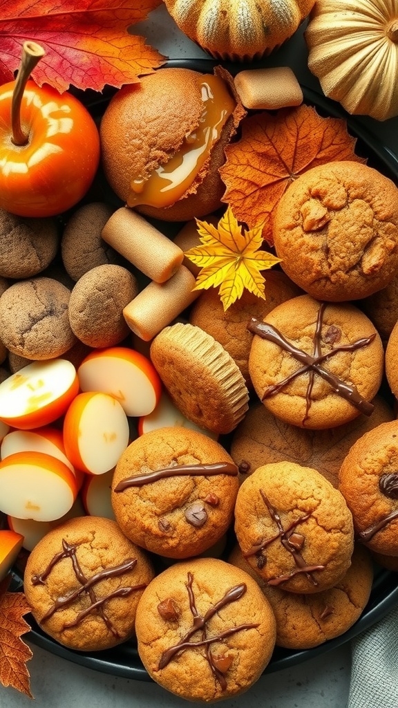 A variety of autumn-themed treats including cookies, pumpkin candies, and colorful leaves.