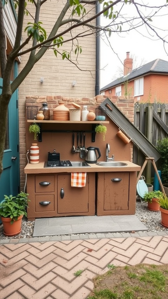 A compact mud kitchen setup for kids, featuring a countertop, sink, and shelves in an outdoor space surrounded by plants.
