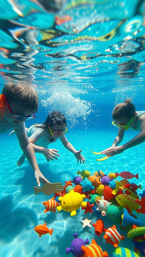 Three kids diving underwater to collect colorful toy fish and sea creatures.