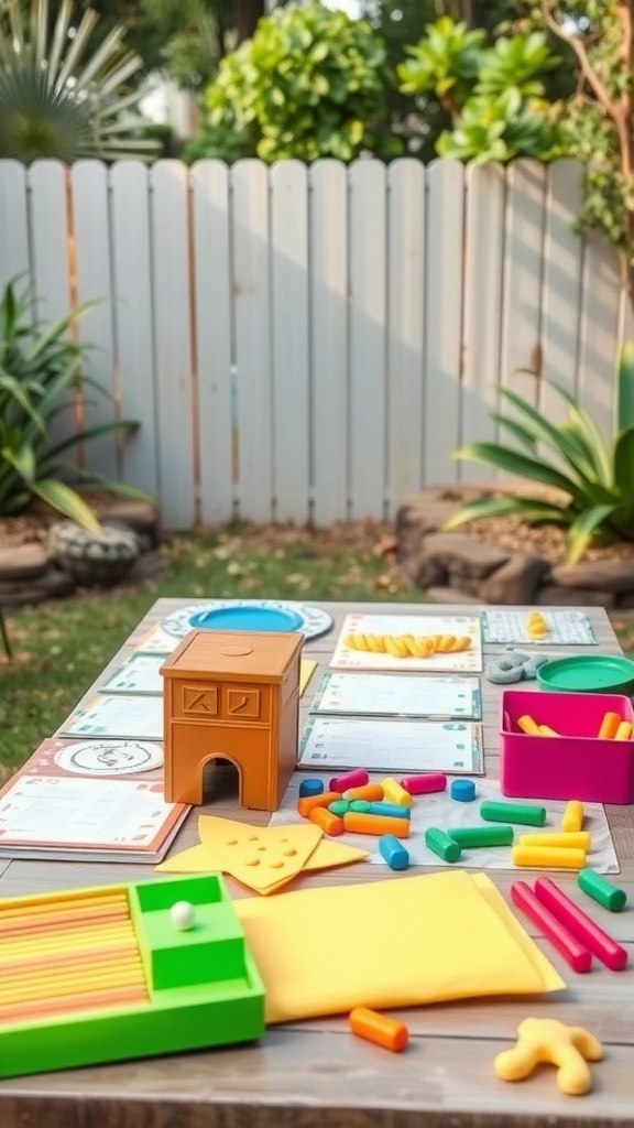A backyard table set up for DIY baby shower games, featuring colorful game materials and a wooden toy house.