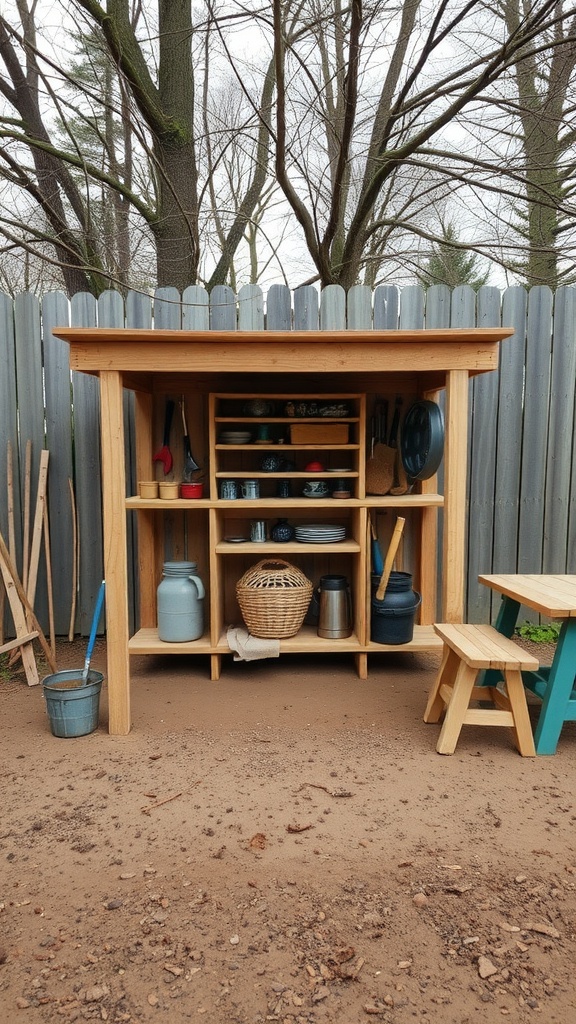 A wooden mud kitchen for children with shelves of pots and utensils.