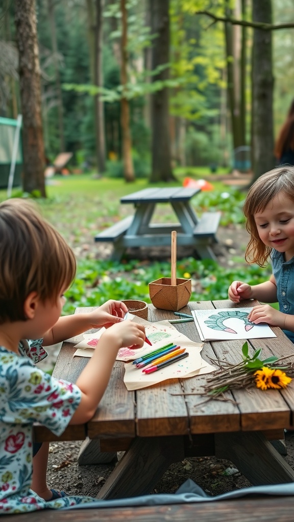 Children engaging in DIY nature crafts outdoors with colors and natural materials.