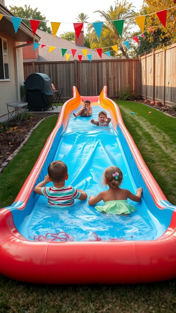 Kids on a DIY Slip 'n Slide in a backyard with colorful flags