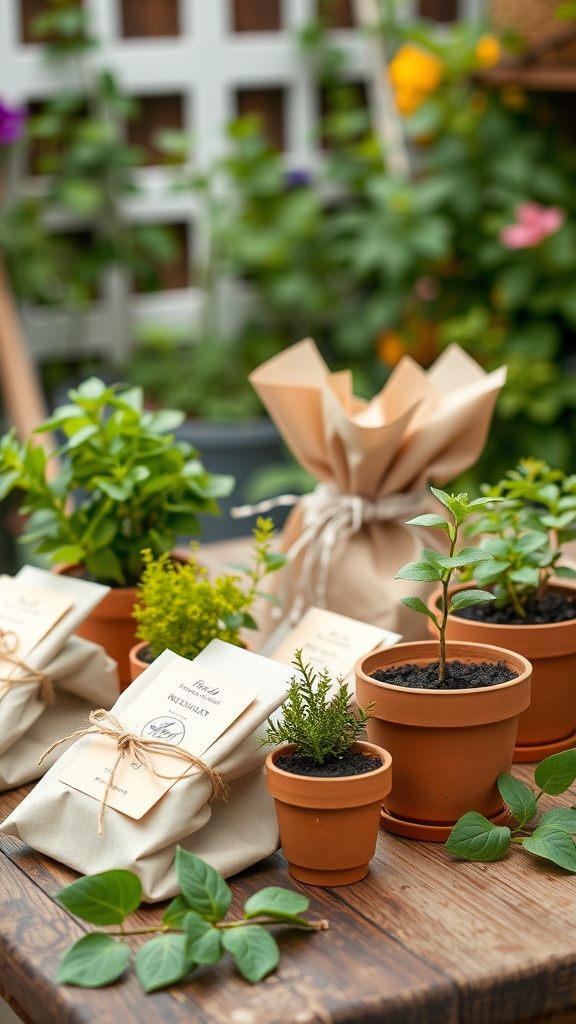 A display of eco-friendly party favors featuring small potted plants and herbal gifts in a garden setting.