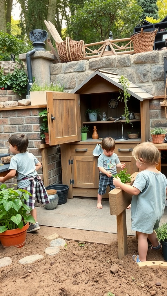 Children playing in a mud kitchen with plants and gardening tools