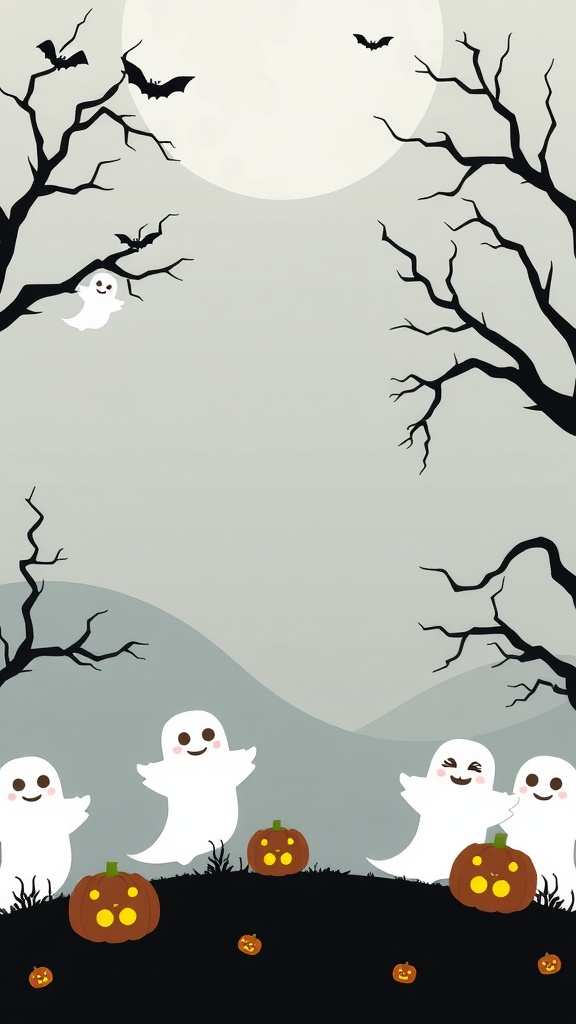A spooky baby shower invitation design featuring cheerful ghosts, bats, and pumpkins under a moonlit sky.