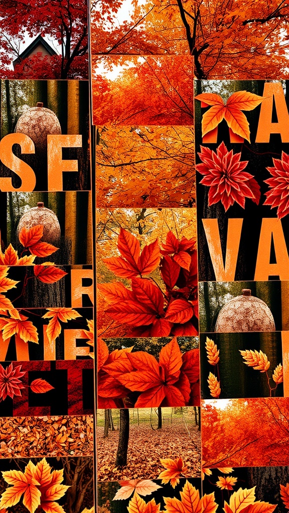 A collage of autumn scenes showcasing warm orange and red colors, leaves, and pumpkins.