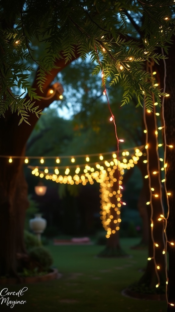 A beautifully lit garden with string lights hanging from trees, creating a cozy and inviting atmosphere.