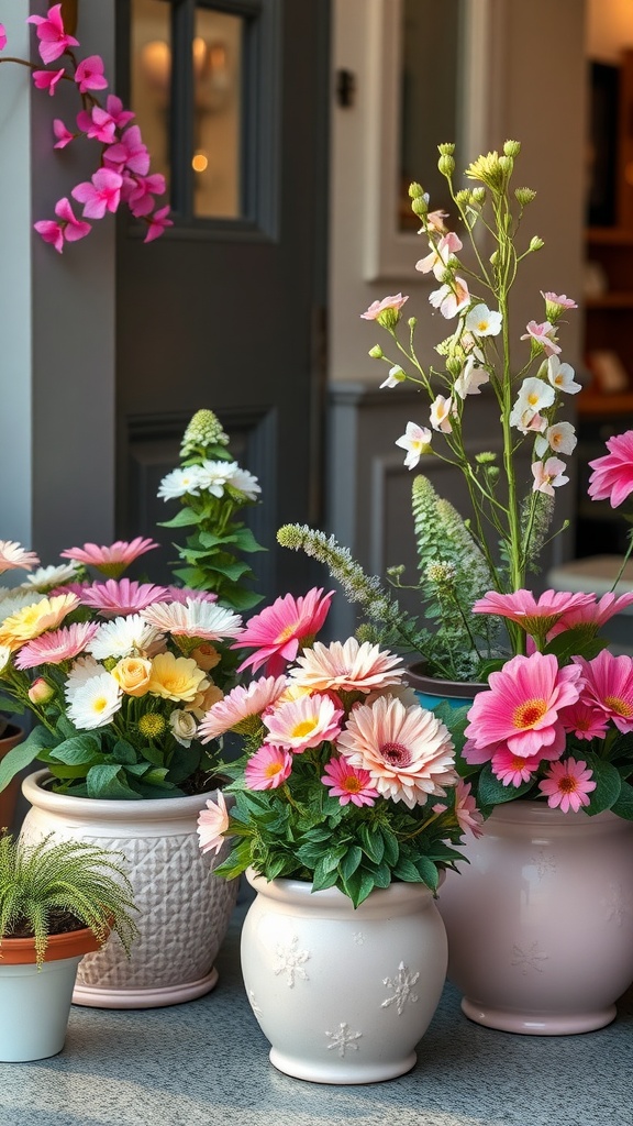 Colorful floral arrangements in decorative pots, featuring pink and yellow flowers, creating a welcoming atmosphere.