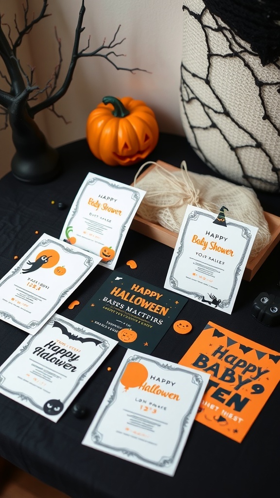 A collection of Halloween-themed baby shower invitations with pumpkins and festive designs.