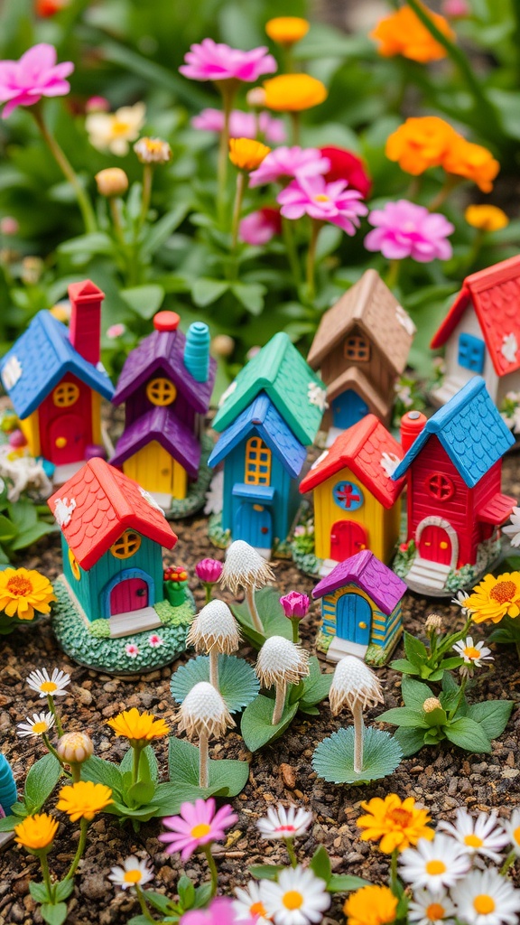 Colorful miniature fairy houses surrounded by vibrant flowers