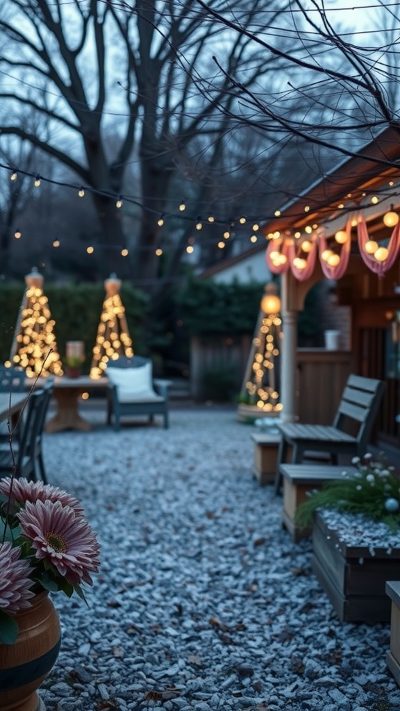 Outdoor fairy garden baby shower setup with string lights and floral decorations