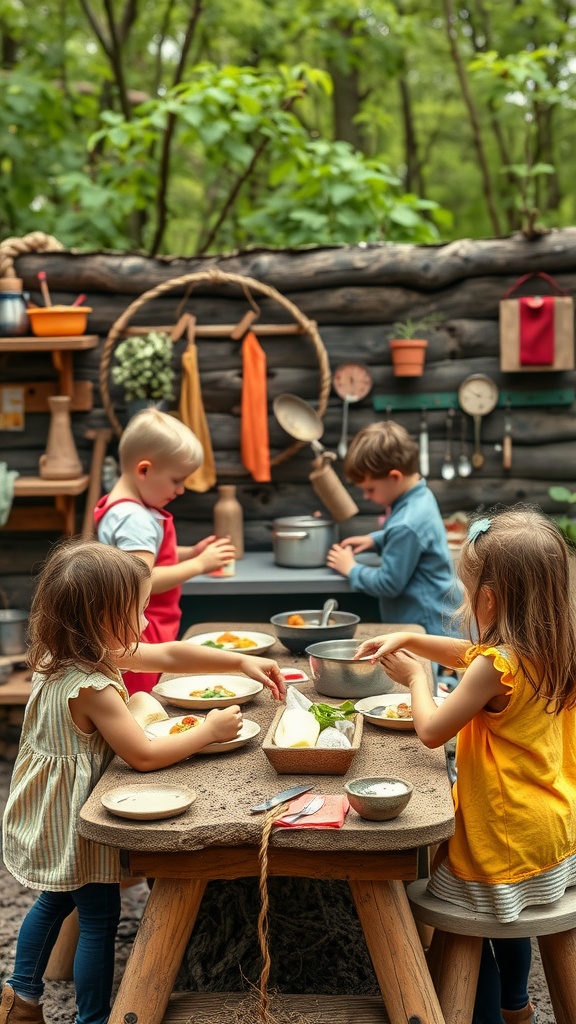 Children playing in a mud kitchen, engaging in imaginative play with outdoor elements.