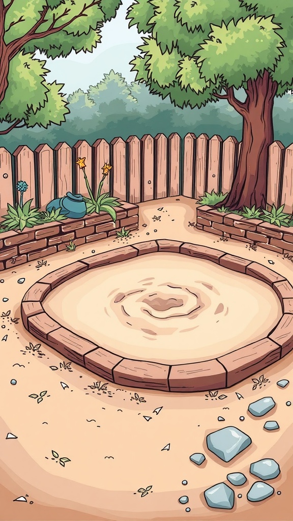 A circular sandbox with brick edging surrounded by trees, a wooden fence, and flowers