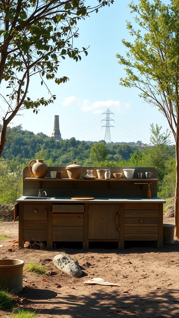 A mud kitchen set in a natural outdoor environment, featuring wooden elements and pots, with trees and hills in the background.