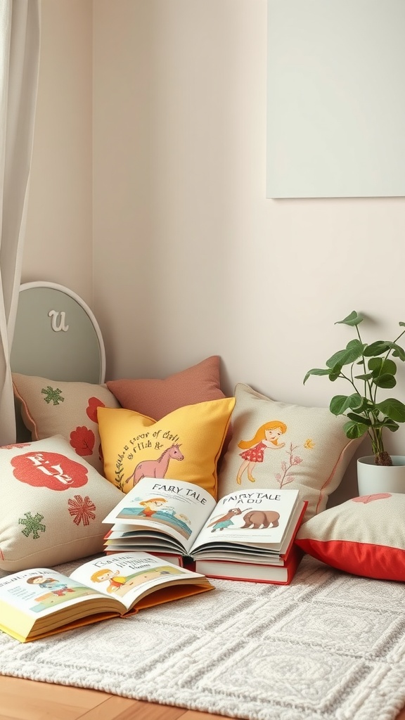 Cozy fairy-themed story time corner with colorful pillows and fairy tale books