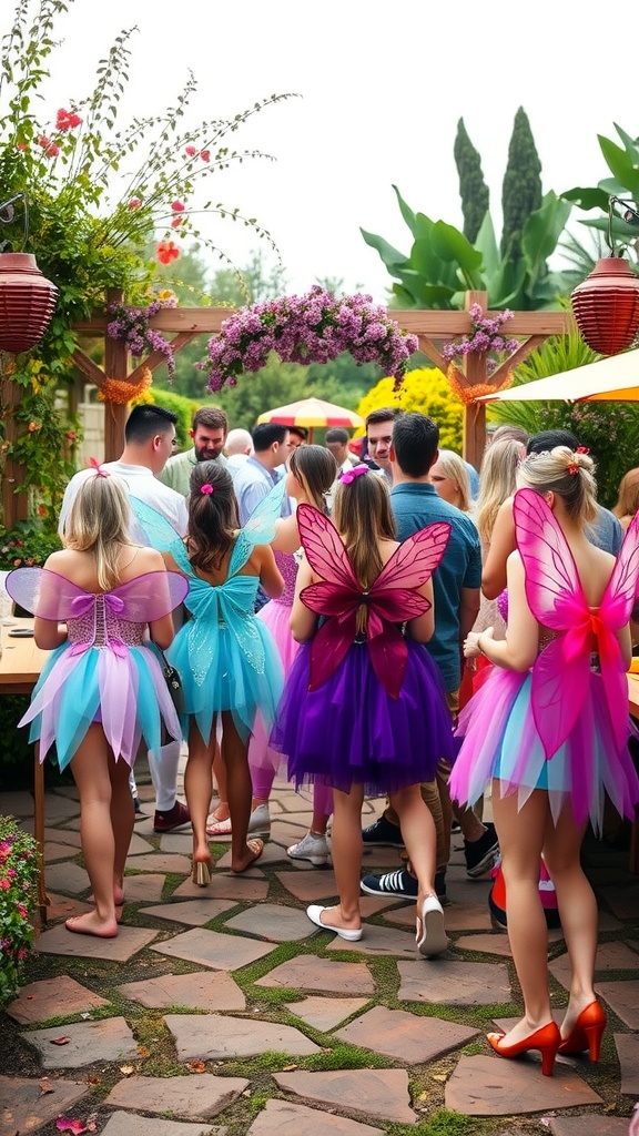 Guests dressed in fairy costumes with colorful wings and tutus, enjoying a garden baby shower.