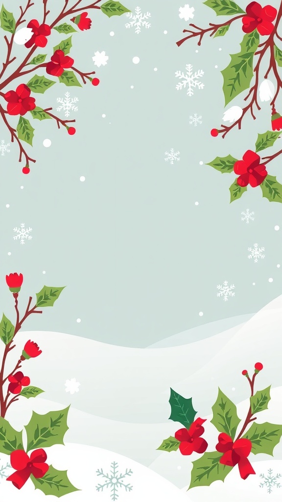 A festive invitation design featuring holly leaves, red berries, and snowflakes