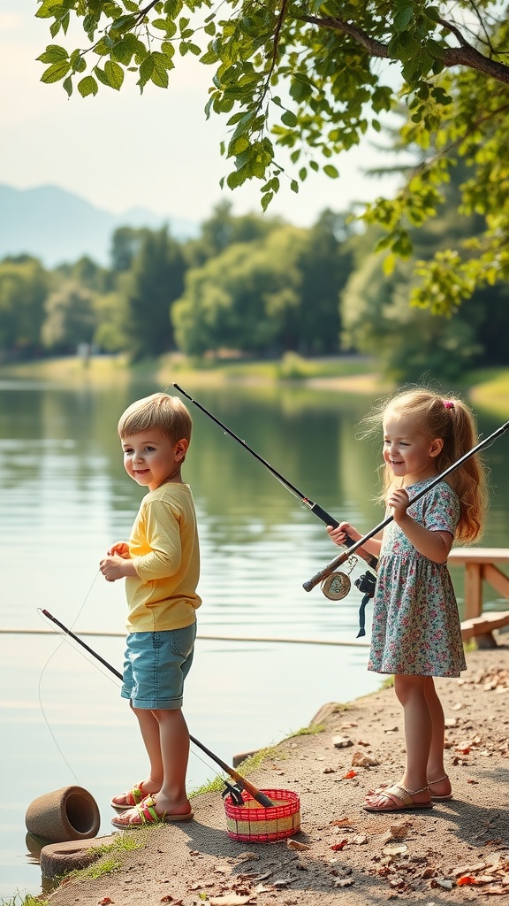 Two children fishing by a calm lake, surrounded by trees