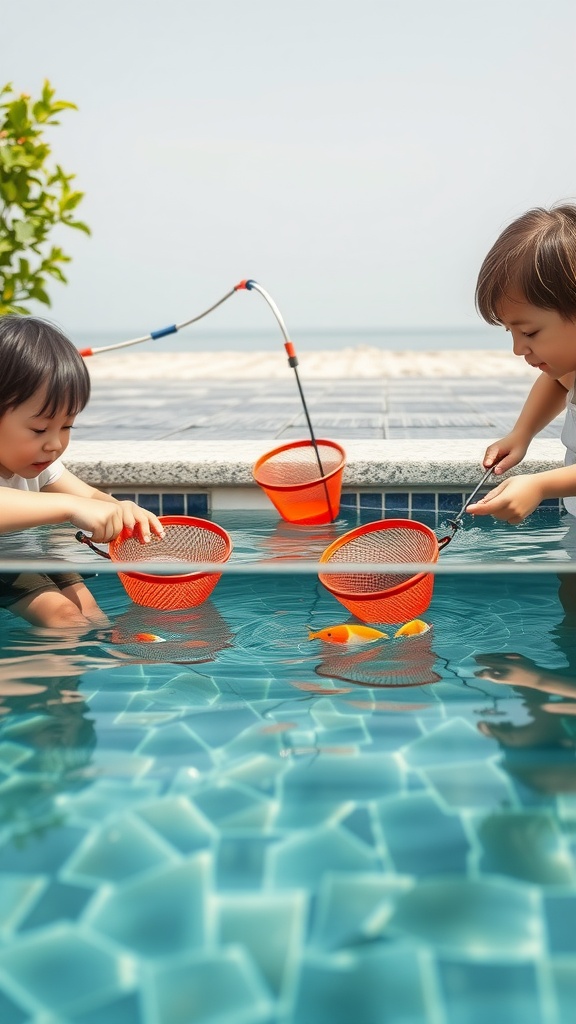 Two children using orange nets to catch fish in a swimming pool.
