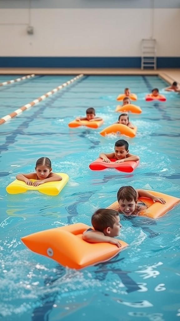 Children participating in a floatie relay race in a swimming pool