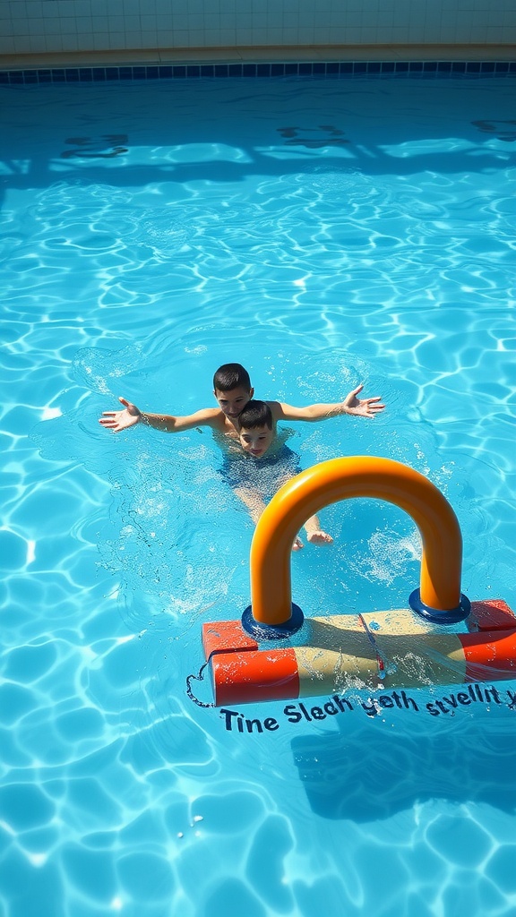 Two kids playing in a pool with a colorful floating obstacle.