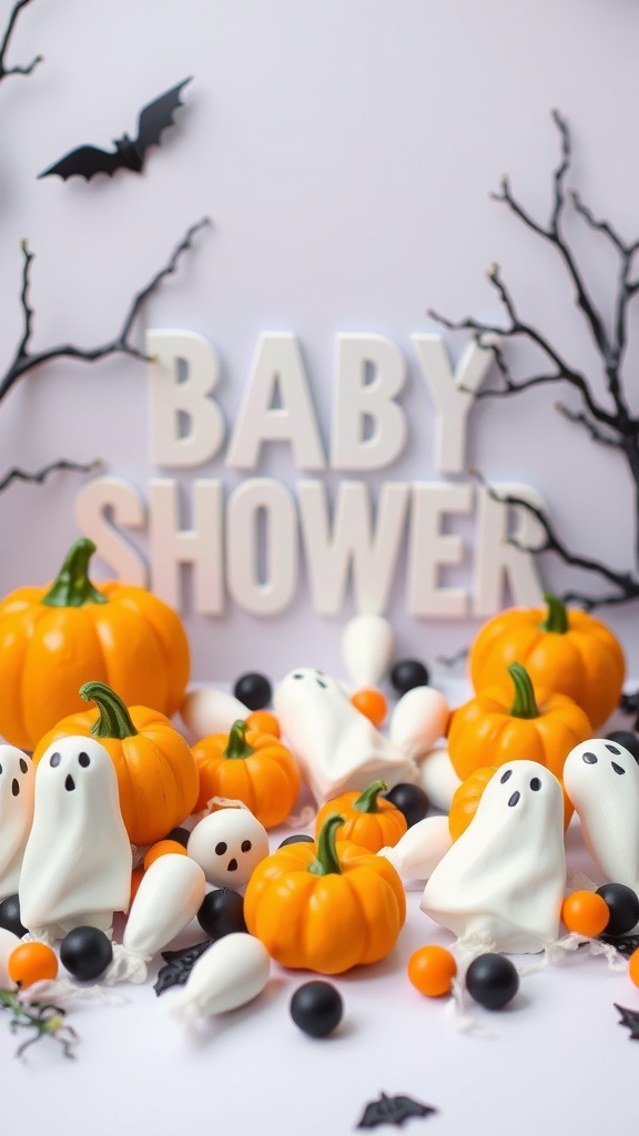 A spooky baby shower setup with ghost treats and pumpkins