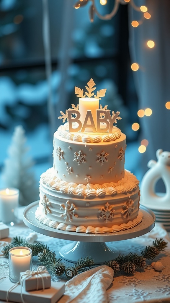 A beautifully decorated frosty-themed baby shower cake with snowflakes and a 'BABY' sign on top, surrounded by candles and festive decorations.