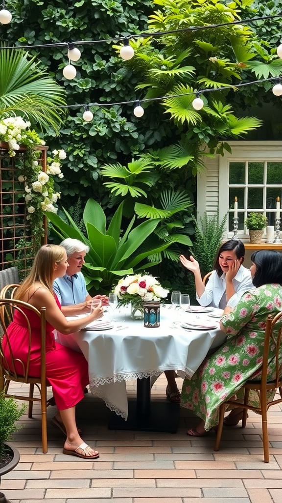 A group of people enjoying a baby shower trivia game in a garden setting with flowers and string lights.