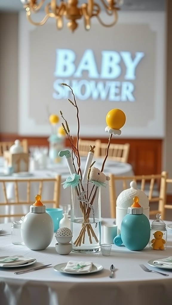 A baby shower table setting featuring fun themed centerpieces with baby bottles and decorations.