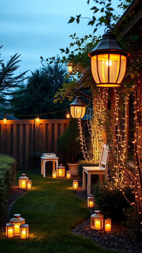 A cozy garden path illuminated with lanterns and fairy lights, creating a warm atmosphere.