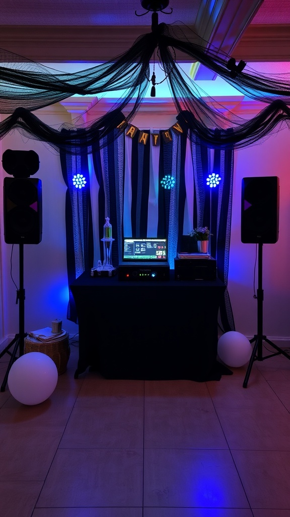 Spooky music setup with colorful lights and speakers for a baby shower.