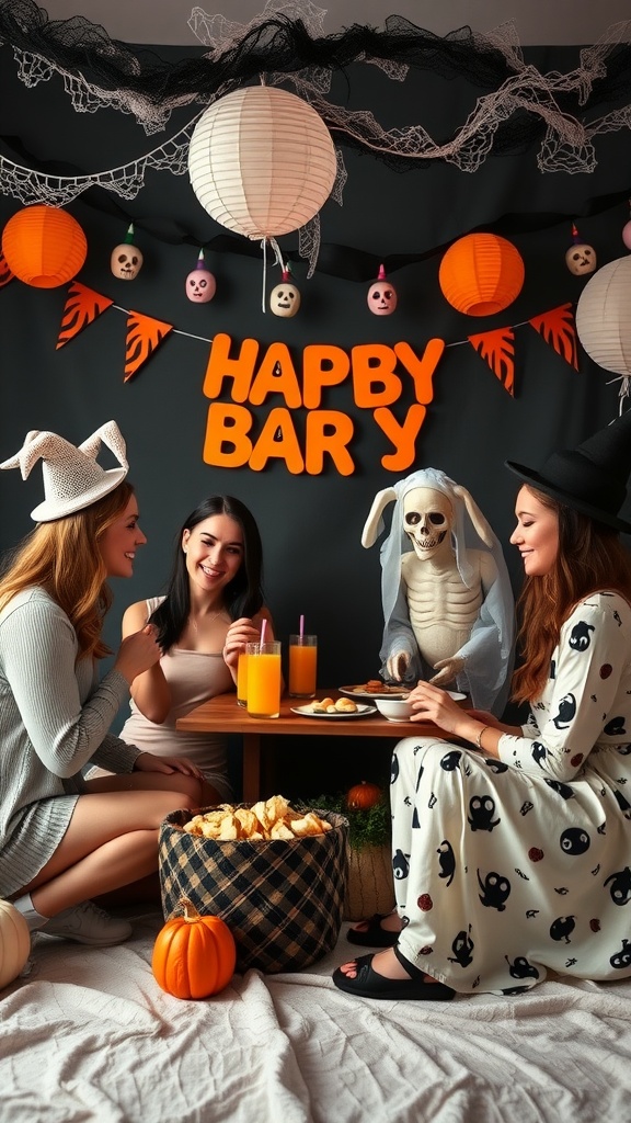 A festive baby shower scene with friends enjoying Halloween-themed decorations, drinks, and playful interaction.