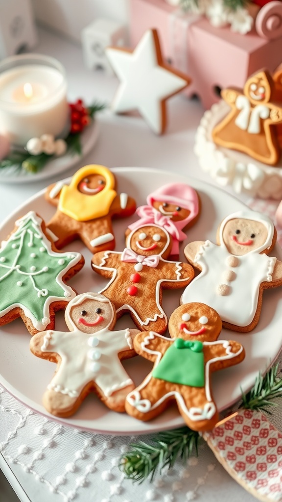 A plate of decorated gingerbread cookies including gingerbread men, a Christmas tree, and a star.