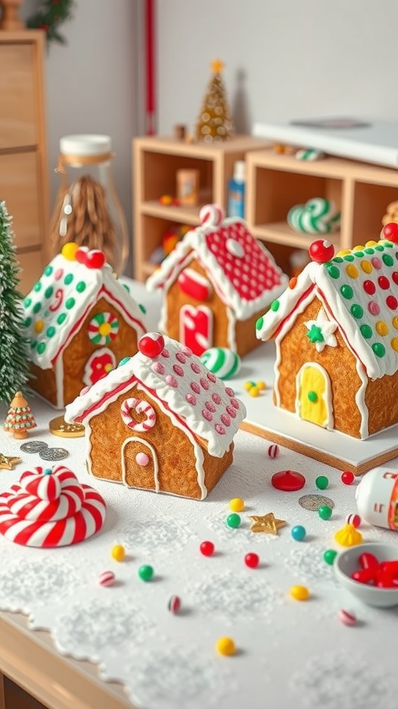 Table decorated with colorful gingerbread houses and assorted candies for a Christmas craft station.