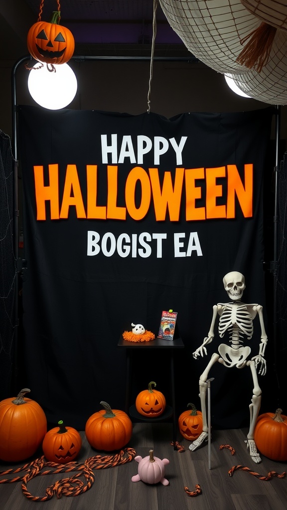 A Halloween-themed photo booth with pumpkins, a skeleton, and a dark backdrop.