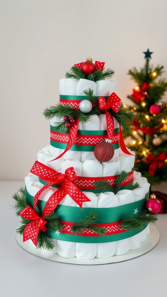 A festive holiday-themed diaper cake decorated with red and green ribbons, ornaments, and pine branches.