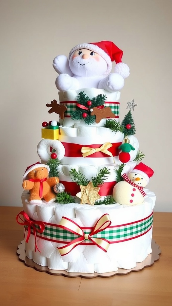Holiday-themed diaper cake decorated with plush toys and festive colors.