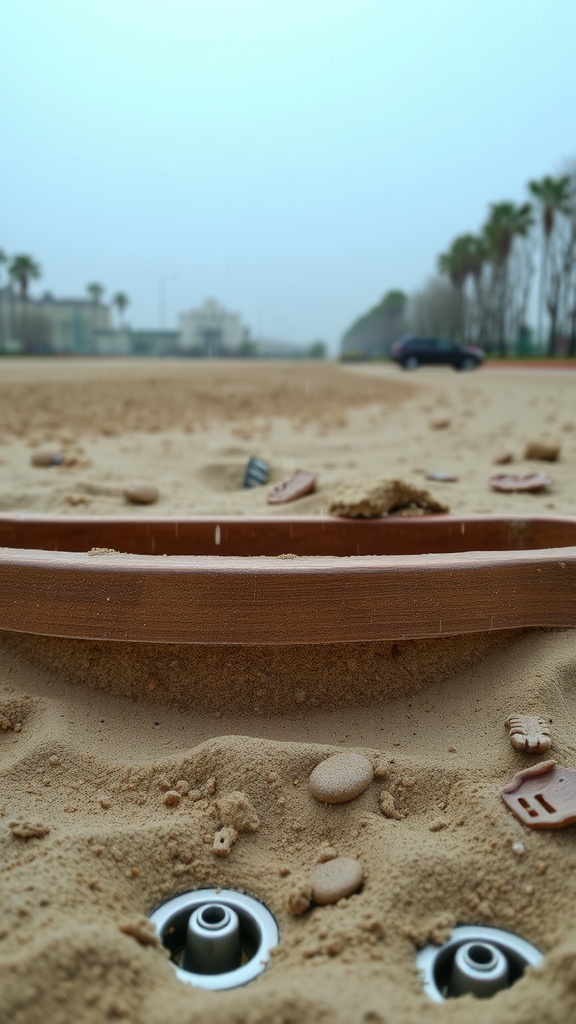 A sandbox with drainage holes visible, showing sand and some small toys.