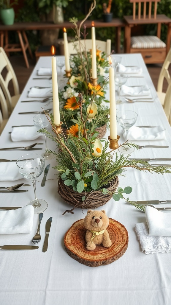 A beautifully decorated baby shower table with greenery, candles, and a teddy bear.
